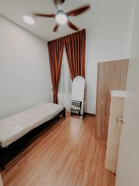 Bedroom features: single bed, wooden bed frame, brown curtains, white walls, laminate flooring, ceiling fan with light, full-length mirror, wooden wardrobe; style: modern.