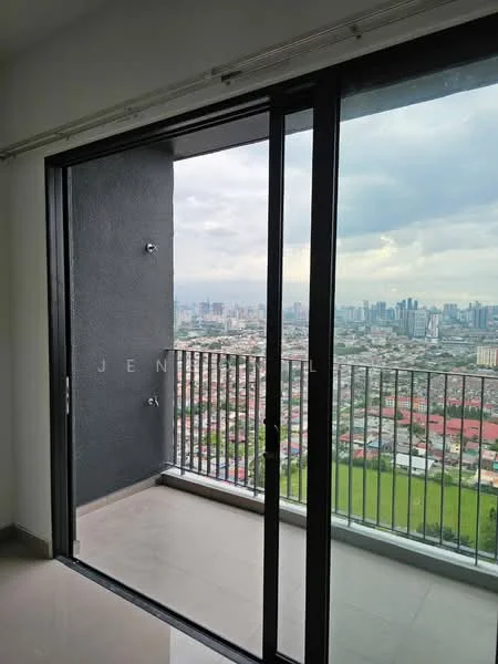 Room features: floor-to-ceiling sliding glass door, grey accent wall, city skyline view, ceramic tile flooring, balcony railing, outdoor space, large window, natural light; style: modern; view: city.