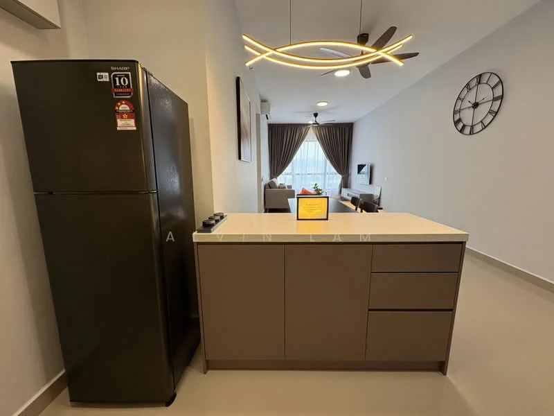Kitchen features: stainless-steel fridge, kitchen island with countertop, brown cabinetry, recessed downlights, pendant light fixture, open layout, light-colored flooring, window with curtains, wall clock; style: modern; view: living.