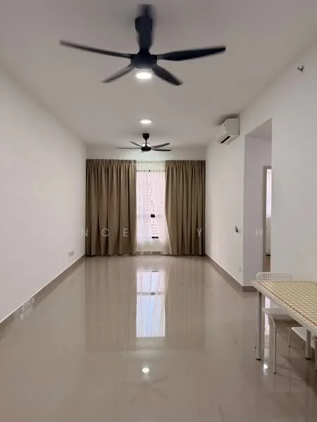 Living features: white painted walls, glossy ceramic tile flooring, 2 ceiling fans with integrated LED lights, floor-to-ceiling window with sheer curtains, curtains in beige, air conditioning unit on wall, dining table with checkered pattern, neutral color palette; style: modern.