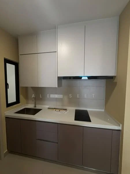 Kitchen features: single-bowl stainless-steel sink, chrome pull-down faucet, white quartz countertop, grey lower cabinetry, white upper cabinetry, built-in stove, built-in range hood, tile backsplash, window with black frame, light-colored walls, recessed lighting, ceramic tile flooring; style: modern.