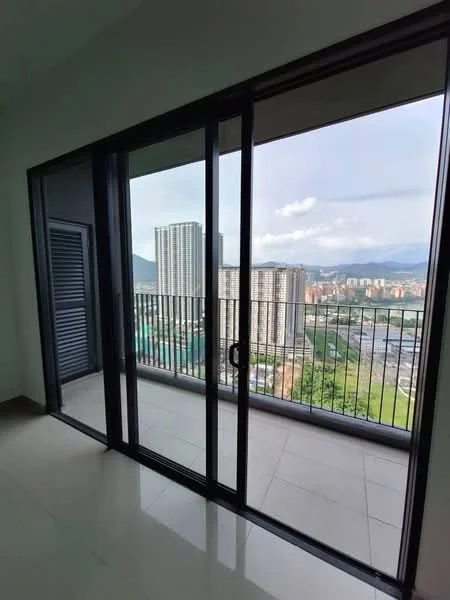 Room features: floor-to-ceiling sliding glass doors, balcony with railing, city view, grey tiled flooring, white walls, mountain view in background; style: modern; view: city.