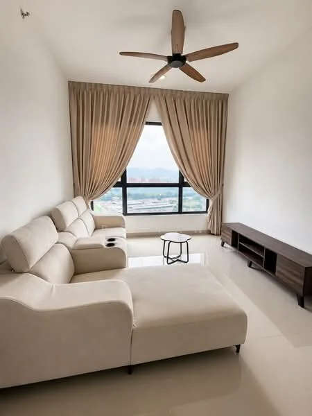 Living features: 3-seater fabric sofa in beige, coffee table, TV console, floor-to-ceiling windows, sheer curtains, 5-blade ceiling fan with light, polished tile flooring, mountain view; style: modern; view: mountain.