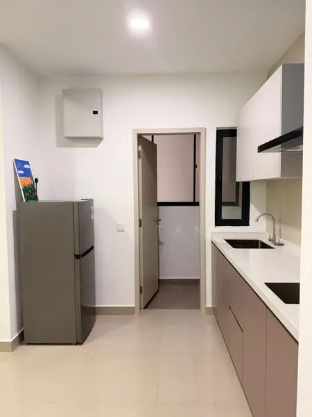 Kitchen features: grey cabinetry, white countertop, stainless-steel sink, chrome pull-down faucet, built-in oven, fridge, wall-mounted air conditioning unit, tile flooring, white painted walls, black framed window, door leading to another room; style: modern.