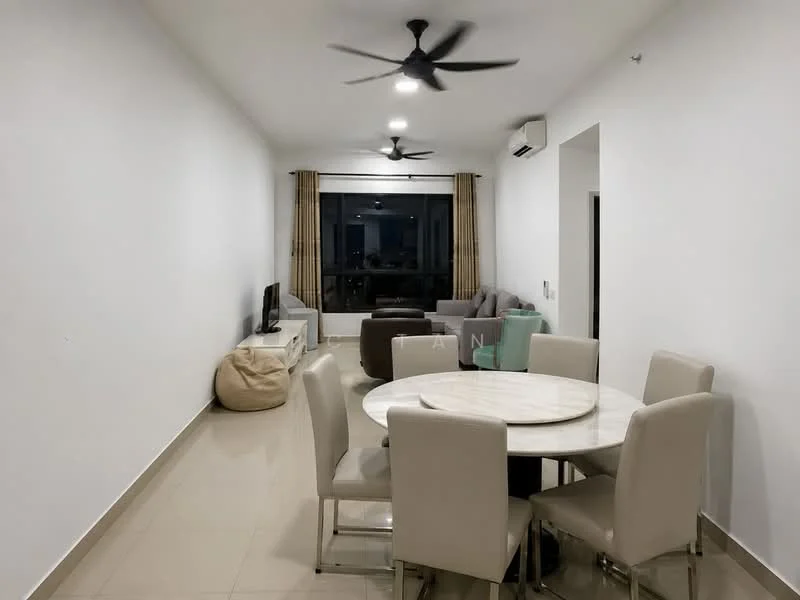 Living features: white painted walls, glossy tile flooring, 5-blade ceiling fan with light, 2-seater fabric sofa in grey, 3-seater fabric sofa in grey, round marble-top dining table, 6 upholstered dining chairs, wall-mounted TV, bean bag, curtains, air conditioning unit; style: modern; view: city.