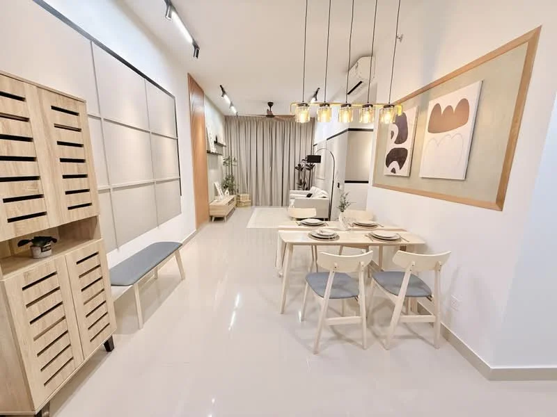 Dining features: light wood dining table with 4 chairs, grey upholstered chairs, pendant lighting with multiple bulbs, white walls, cream curtains, polished tile flooring, decorative wall art with abstract design, wooden sideboard with slatted doors; style: modern. Living features: sofa in light fabric, coffee table, floor lamp, air conditioning unit, decorative plants, light wood shelving unit, neutral color palette; style: modern.