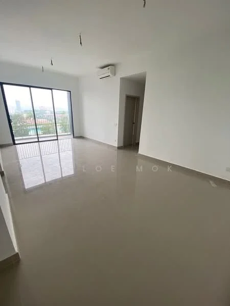 Room features: white painted walls, polished concrete flooring, floor-to-ceiling windows, city view, 1 wall-mounted split AC, recessed downlights, open layout; style: modern; view: city.