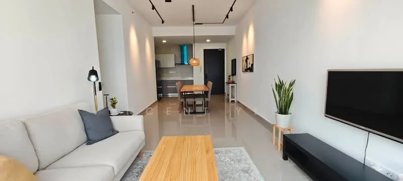 Living features: light grey fabric sofa, wooden coffee table, area rug with geometric pattern, wall-mounted TV, floor lamp, decorative plant in ceramic pot, pendant light fixture, recessed downlights, open layout to dining area, large windows with natural light; style: modern. Dining features: wooden dining table for 4, upholstered dining chairs, pendant light above dining table, open layout to living area, kitchen visible in background; style: modern. Kitchen features: white cabinetry, grey countertop, stainless-steel sink, built-in oven, freestanding range oven, microwave, ceramic tile backsplash, recessed downlights; style: modern.