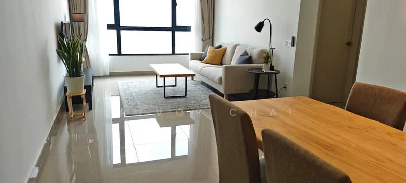 Living features: light grey fabric sofa, wood coffee table, area rug with geometric pattern, floor-to-ceiling windows, curtains, TV console, wall-mounted TV, indoor plant in white pot, decorative cushions, recessed downlights, polished ceramic tile flooring, neutral painted walls; style: modern; view: city. Dining features: wood dining table, 4 upholstered dining chairs, neutral painted walls, polished ceramic tile flooring; style: modern.