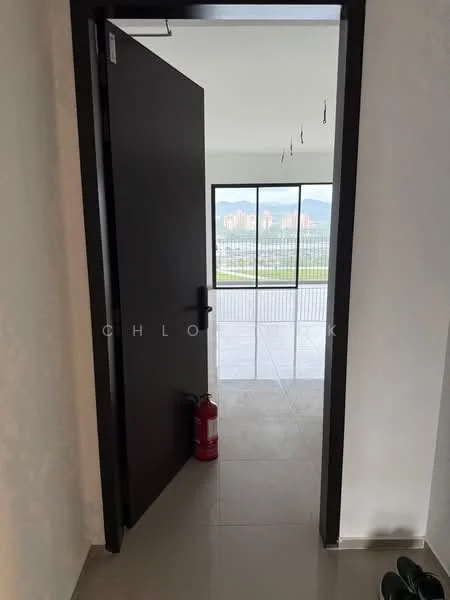 Room features: black door, white walls, tile flooring, large windows, city view, fire extinguisher, open space, natural light; style: modern; view: city.