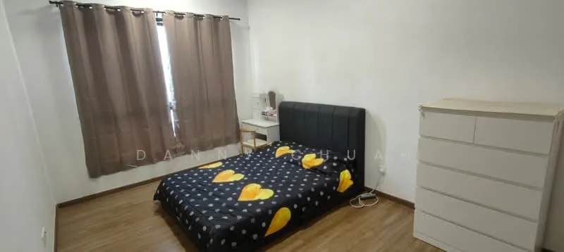 Bedroom features: queen-size bed with black upholstered headboard, black bedding with yellow heart pattern, wooden flooring, white painted walls, floor-to-ceiling window with brown curtains, white dresser with multiple drawers, desk with mirror, decorative wall clock; style: modern.