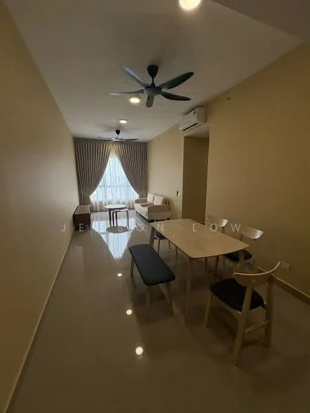 Dining features: dining table with light wood finish, 4 dining chairs with light wood finish, bench seating with dark upholstery, ceiling fan with 5 blades, large window with sheer curtains, cream painted walls, glossy tile flooring, air conditioning unit on wall; style: modern.