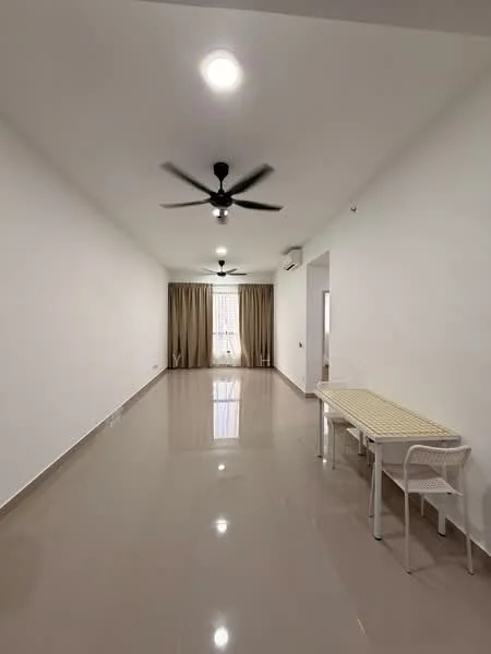 Living features: white painted walls, glossy tile flooring, 5-blade ceiling fan with light, large window with sheer curtains, natural light from window, dining table with chairs, air conditioning unit on wall, neutral color scheme; style: modern.