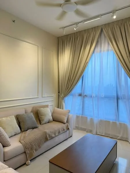 Living features: 3-seater fabric sofa in light beige, decorative cushions, coffee table, floor-to-ceiling windows, sheer curtains, drapes, recessed downlights, ceiling fan, light-colored walls, tile flooring; style: modern; view: city.