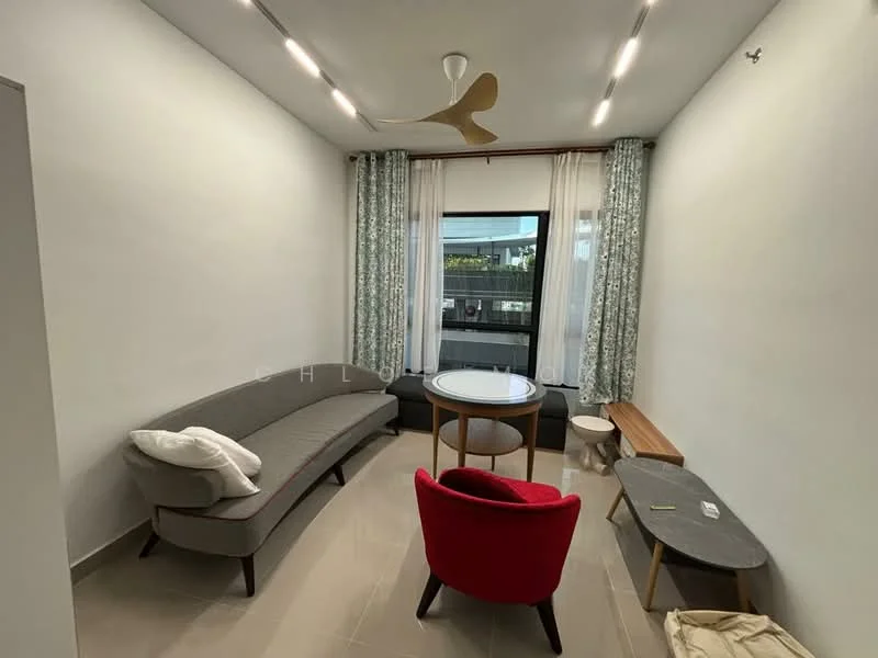 Living features: grey fabric sofa, round white coffee table, red accent chair, wooden side table, floor-to-ceiling window, sheer curtains, green patterned curtains, recessed LED downlights, ceiling fan with wooden blades, light-colored tiled flooring, decorative wall art; style: modern; view: city.