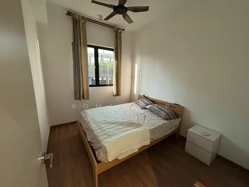 Bedroom features: queen-size bed, wooden bed frame, bedside table, ceiling fan, window with curtains, light-colored walls, laminate flooring, decorative throw blanket; style: modern.