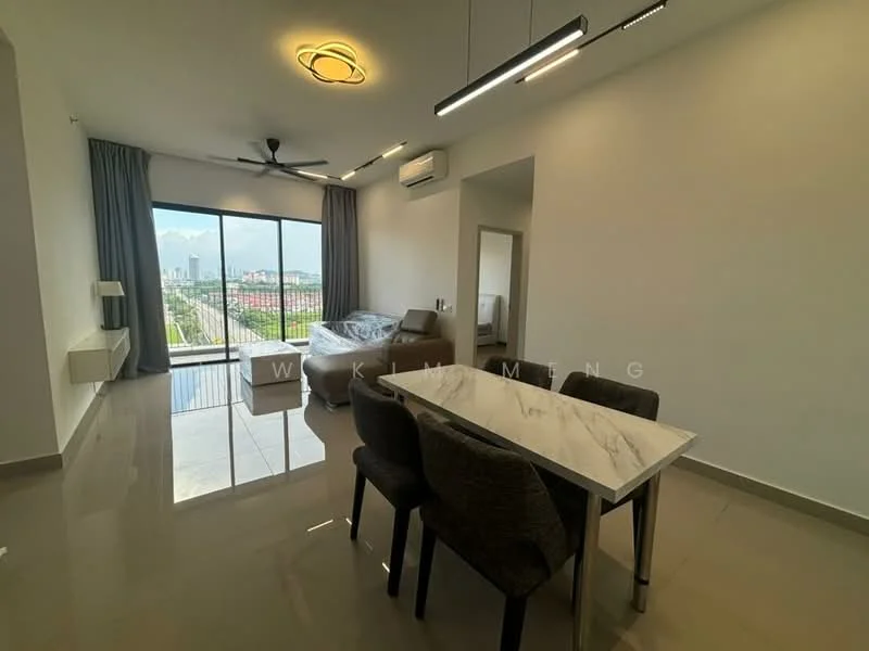 Living features: floor-to-ceiling windows, grey fabric sofa, marble-top dining table, 4 upholstered dining chairs, recessed LED downlights, ceiling fan, light grey curtains, polished ceramic tile flooring, air conditioning unit; style: modern; view: city.
