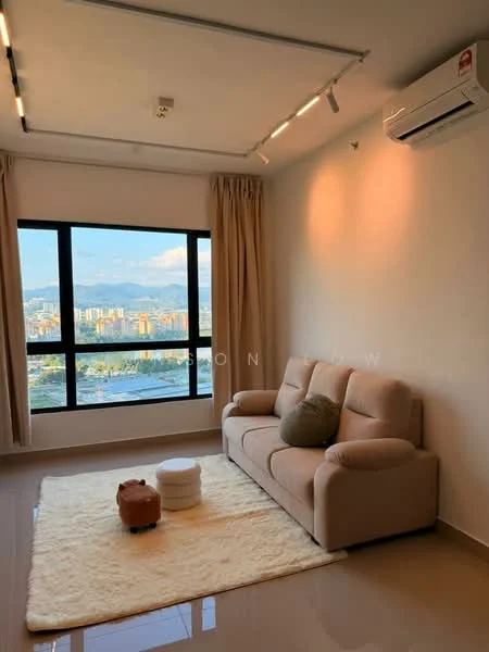 Living features: 3-seater fabric sofa in beige, area rug with fluffy texture, floor-to-ceiling windows, city view, wall-mounted split AC, recessed downlights, curtains in light fabric, neutral painted walls, glossy tile flooring; style: modern; view: city.