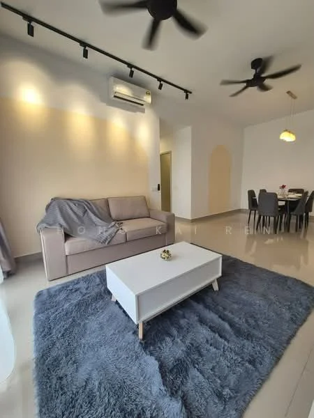 Living features: 3-seater fabric sofa in light grey, white coffee table with wooden legs, area rug in grey, ceiling fan with 3 blades, recessed LED downlights, wall-mounted air conditioning unit, dining table with chairs visible in background, light fixture hanging above dining area; style: modern.