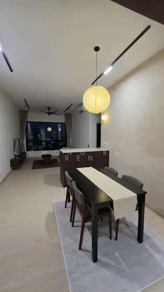 Dining features: dining table with 4 chairs, pendant light fixture, light wood flooring, cream painted walls, floor-to-ceiling windows, curtains, open layout, decorative area rug; style: modern; view: city. Living features: sofa, coffee table, TV console, wall-mounted TV, ceiling fan; style: modern; view: city.