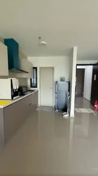 Kitchen features: light grey cabinetry, white countertop, stainless-steel fridge, built-in oven, ceramic cooktop, single-bowl stainless-steel sink, chrome pull-down faucet, open shelving, grey tiled flooring, wall-mounted cabinets, window above sink, neutral wall colour, recessed lighting; style: modern. Room features: doorway leading to hallway, neutral wall colour, grey tiled flooring.