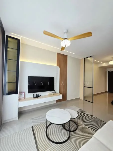 Living features: 3-seater fabric sofa in beige, 2 round coffee tables with marble tops, wall-mounted TV, white TV console, wood accent wall, ceiling fan with wooden blades, recessed LED downlights, large windows with sheer curtains, decorative area rug with geometric pattern, built-in shelving unit, neutral painted walls, glossy tile flooring; style: modern.