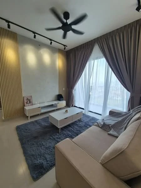 Living features: 3-seater fabric sofa in beige, coffee table with white finish, area rug with geometric pattern in grey, TV console with white finish, floor-to-ceiling windows, sheer curtains, blackout curtains, 5-blade ceiling fan with light, wood panel accent wall, recessed downlights; style: modern; view: city.
