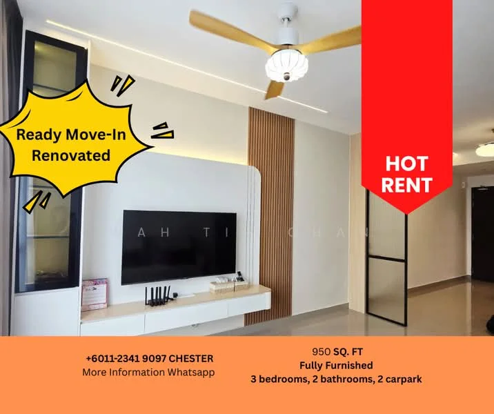 Living features: light grey walls, cream tiled flooring, 5-blade ceiling fan with light, wall-mounted TV, white TV console, wooden accent wall, built-in shelving unit, decorative wall art, large window with natural light, open layout, neutral color palette; style: modern.