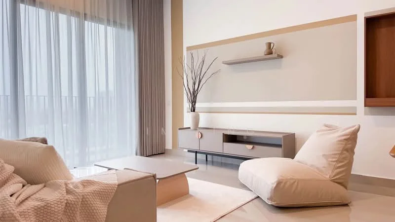 Living features: beige fabric bean bag chair, light grey sofa, wooden coffee table, TV console with drawers, decorative vase, wall-mounted shelf, curtains, neutral wall paint with accent stripe, floor-to-ceiling windows, polished tile flooring; style: modern; view: city.