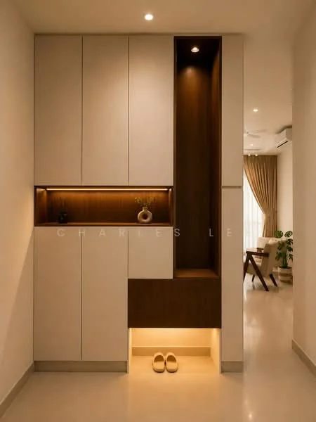 Room features: white painted walls, light wood cabinetry, dark wood accent panel, recessed lighting, built-in storage, minimalist design, floor tiles, decorative plant, shoes at entrance; style: modern.