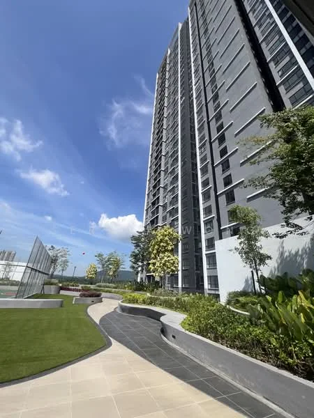 Exterior type: high-rise condominium; features: glass curtain wall, grey painted facade, approximately 20-storey high-rise, manicured lawn, tropical landscaping, stone-paved walkway, mature trees, outdoor amenities area, swimming pool visible in background, tennis court visible in background; style: modern.