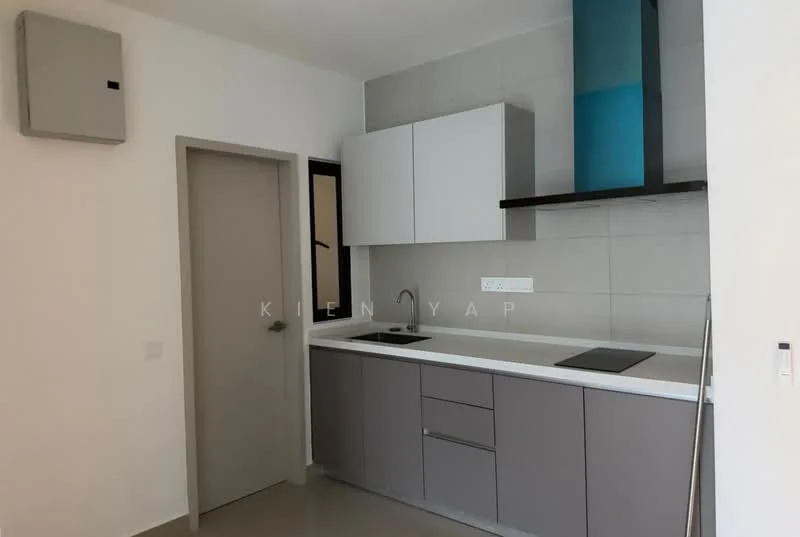 Kitchen features: grey lower cabinets, white upper cabinets, white countertop, stainless-steel sink, chrome pull-down faucet, built-in stove, tile backsplash, wall-mounted extractor hood, light grey wall tiles, light grey flooring, single door, wall-mounted electrical panel; style: modern.