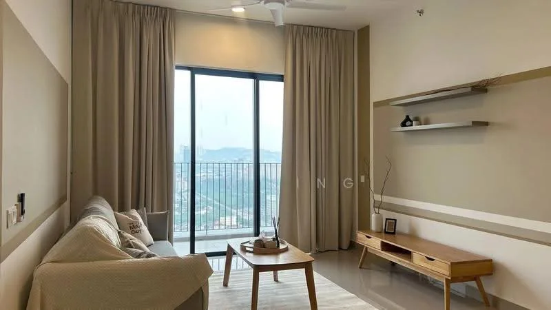Living features: 3-seater fabric sofa in light grey, wooden coffee table, TV console, floor-to-ceiling windows, sheer curtains, light-coloured walls with accent stripes, recessed downlights, ceiling fan, area rug, decorative wall shelf; style: modern; view: city.