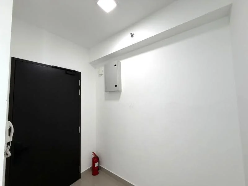 Room features: white painted walls, grey tiled flooring, black door, fire extinguisher, electrical panel, ceiling light fixture; style: modern.