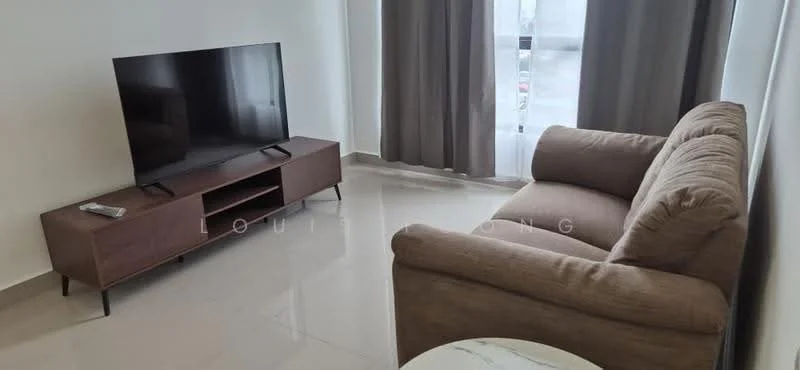 Living features: 3-seater fabric sofa in beige, wooden TV console, wall-mounted TV, marble coffee table, floor-to-ceiling window, grey curtains, polished tile flooring, neutral painted walls; style: modern.