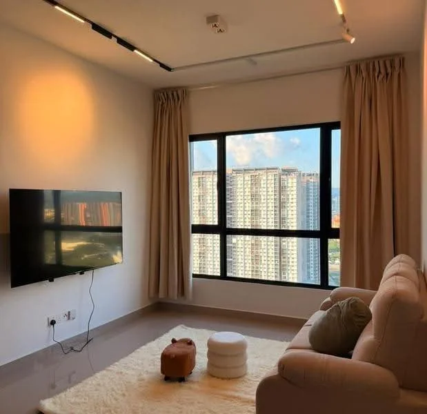 Living features: floor-to-ceiling windows, cream painted walls, recessed downlights, light-coloured sofa, TV mounted on wall, area rug, curtains, city view; style: modern; view: city.