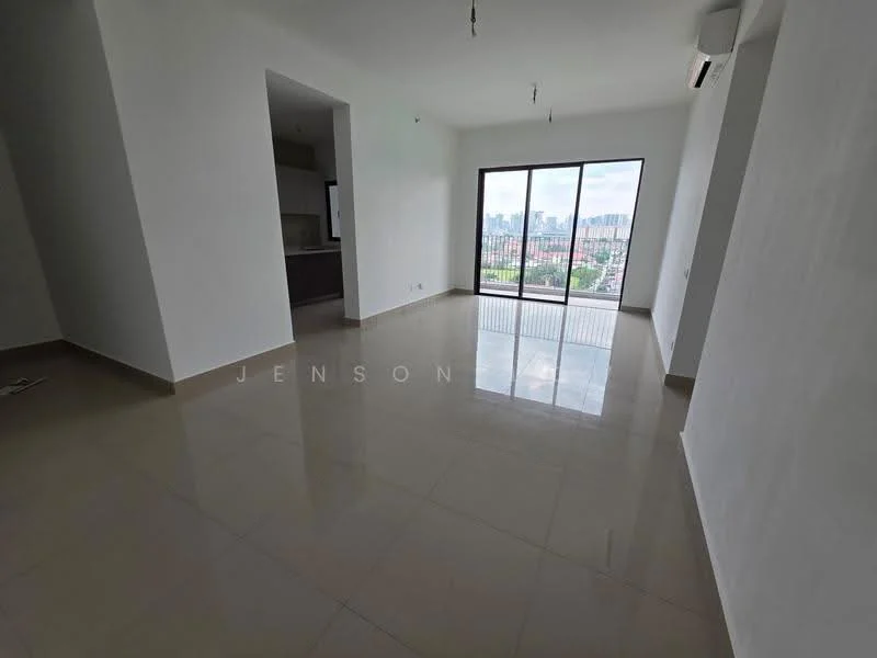 Living features: white painted walls, polished ceramic tile flooring, floor-to-ceiling windows, city view, air conditioning unit, recessed downlights, open layout, no visible furniture; style: modern; view: city.