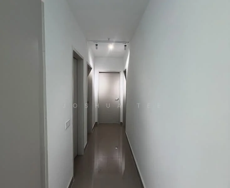 Hallway features: white painted walls, polished tile flooring, recessed downlights, two doorways, one door at the end, neutral color scheme; style: modern.