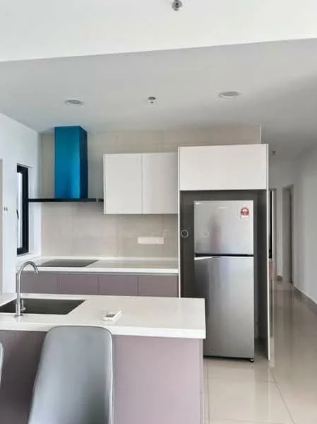 Kitchen features: double-bowl stainless-steel sink, chrome pull-down faucet, white quartz countertop, grey cabinetry with flat-panel design, built-in refrigerator, stainless-steel finish on appliances, tile backsplash, pendant lighting, open shelving, ceramic tile flooring, wall-mounted range hood, floor-to-ceiling windows; style: modern.