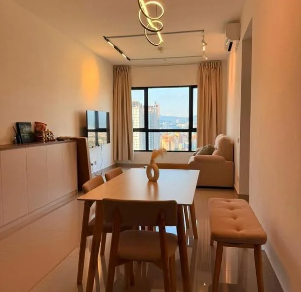 Living features: light wood dining table, 4 wooden dining chairs, beige fabric sofa, wall-mounted TV, light fixture with circular design, floor-to-ceiling windows, sheer curtains, cream painted walls, polished tile flooring, air conditioning unit; style: modern; view: city.
