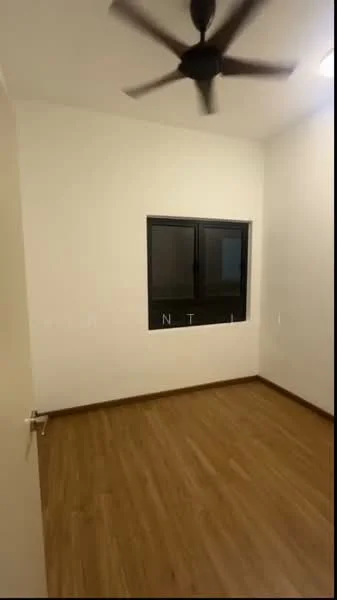 Room features: light wood laminate flooring, white painted walls, black framed window, 5-blade ceiling fan, door with silver handle.