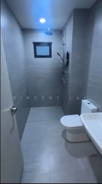 Bathroom features: grey tiled walls, grey tiled flooring, walk-in shower with rain shower head, wall-mounted shower faucet, toilet, small window, mirror, recessed lighting; style: modern.