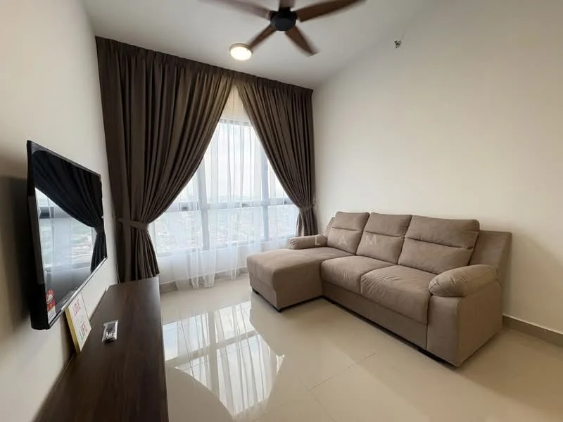 Living features: beige L-shape sectional sofa, wall-mounted TV, wooden TV console, floor-to-ceiling windows, sheer curtains, dark brown curtain drapes, recessed downlights, polished tile flooring, ceiling fan; style: modern; view: city.