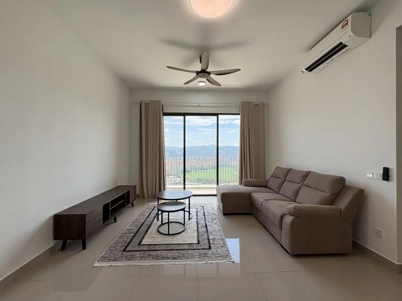 Living features: 3-seater fabric sofa in beige, coffee table, area rug with geometric pattern, wall-mounted TV console, floor-to-ceiling windows, sheer curtains, 5-blade ceiling fan with light, wall-mounted air conditioning unit, light-colored walls, polished tile flooring; style: modern; view: city.