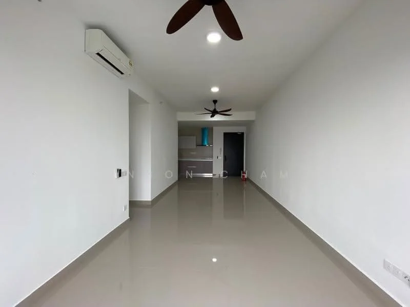 Living features: white painted walls, polished ceramic tile flooring, 5-blade ceiling fan with light, recessed LED downlights, air conditioning unit, open layout, large windows, kitchen area visible in background; style: modern.