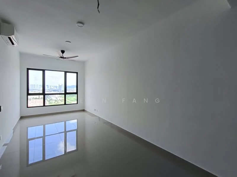 Living features: white painted walls, glossy tile flooring, floor-to-ceiling windows, 5-blade ceiling fan, air conditioning unit, city view; style: modern; view: city.