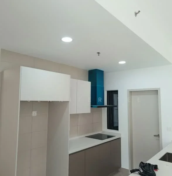 Kitchen features: white cabinetry, dark brown lower cabinets, light grey countertop, built-in stove, blue feature wall, recessed LED downlights, tile backsplash, single-bowl stainless-steel sink, window with black frame, door to hallway; style: modern.