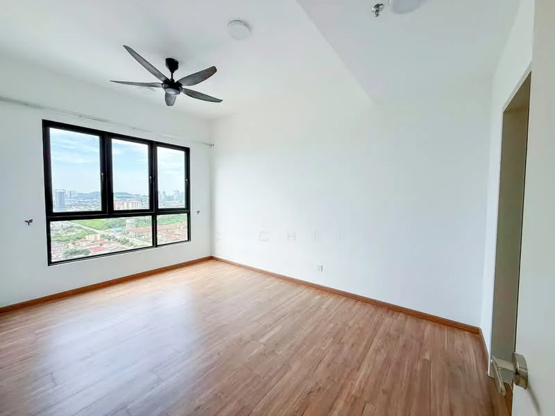 Room features: laminate flooring, white painted walls, 5-blade ceiling fan, floor-to-ceiling windows, city view, natural light, no visible furniture, high ceiling; style: modern; view: city.