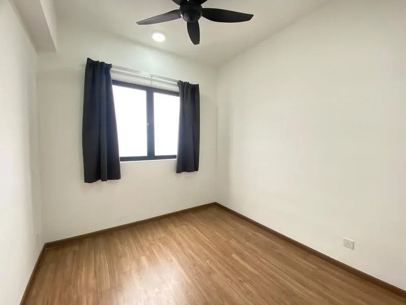 Room features: white painted walls, wooden flooring, 5-blade ceiling fan, blackout curtains, single window; style: modern.