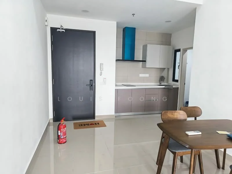 Kitchen features: white painted walls, cream tiled flooring, grey cabinetry, white upper cabinets, blue backsplash, built-in kitchen appliances, single-bowl stainless-steel sink, chrome pull-down faucet, kitchen island, recessed downlights; style: modern. Dining features: wooden dining table, 4 dining chairs, fire extinguisher, door to hallway; style: modern.